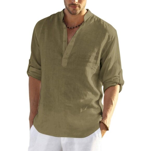 Men's Green Cotton Linen Henley Shirt Long Sleeve Hippie Casual Beach T Shirts - Picture 1 of 9